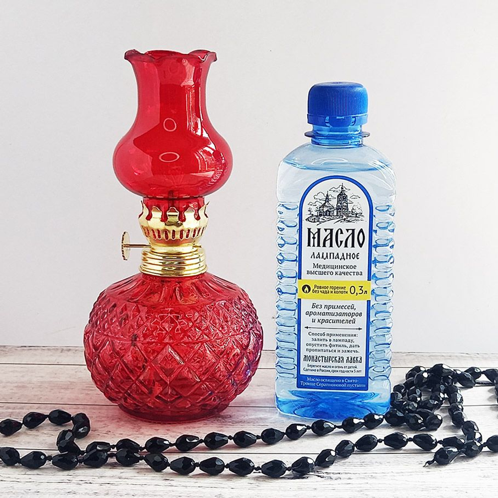 Масляная лампа красная круглая с фитилем и маслом