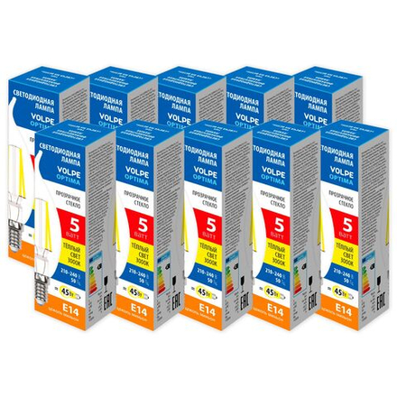 LED-CW35-5W-3000K-E14-CL-SLF Набор из 10штук Лампа светодиодная. Форма свеча на ветру. прозрачная. Серия Optima Филамент. Теплый белый свет 3000К. ТМ Volpe