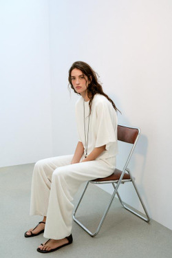 ZARA БРЮКИ WIDE-LEG ИЗ ТКАНИ С ЭФФЕКТОМ РУСТИК, ЭКРЮ
