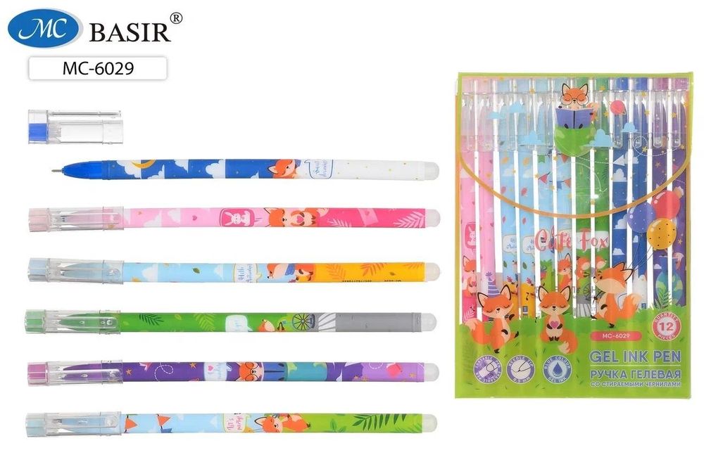 Ручка гель пиши-стирай 0,5мм. "Лисята" синяя (Basir)
