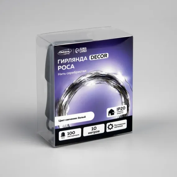 Гирлянда нить-роса 10 м., IP20, серебристая нить, 100 холодных белых LED, 12 В, Luazon Lighting (5198353)