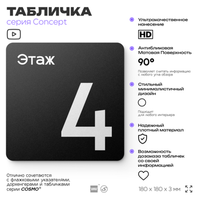 Табличка Этаж 4, на дверь и стену, навигационная и информационная, серия CONCEPT, 18х18 см, Айдентика Технолоджи