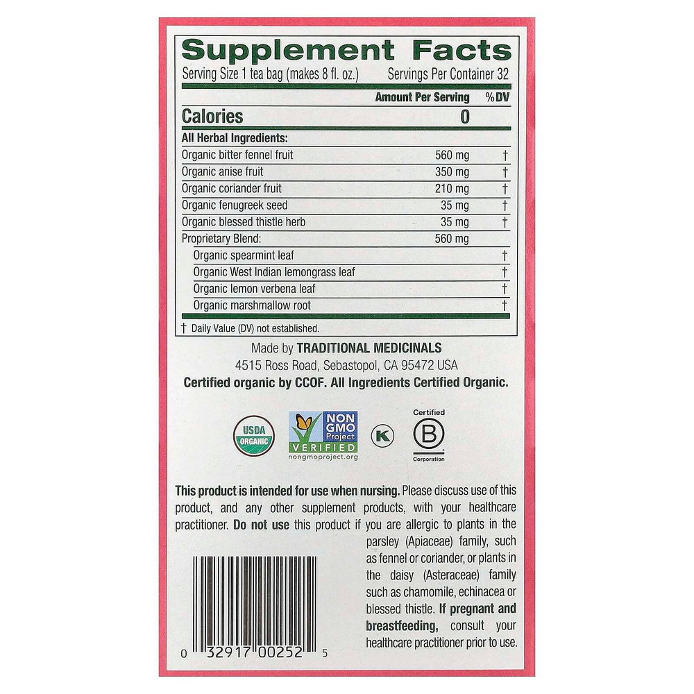 Traditional Medicinals, Organic Mother's Milk®, оригинальный с фенхелем и пажитником, без кофеина, 32 чайных пакетика в упаковке, 56 г (1,98 унции)