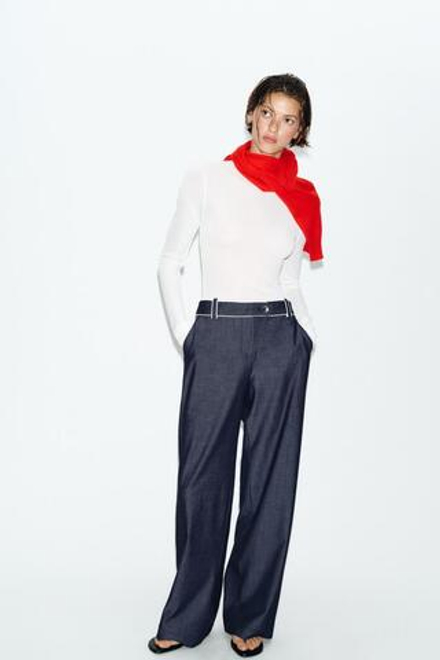 ZARA ШИРОКИЕ БРЮКИ С КОНТРАСТНЫМИ ВСТАВКАМИ, ИНДИГО