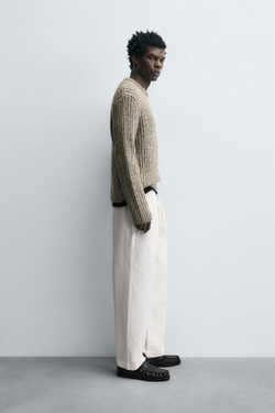 ZARA БРЮКИ RELAXED FIT С РЕЛЬЕФНОЙ СТРУКТУРОЙ, ЖЕЛТОВАТО-БЕЛЫЙ