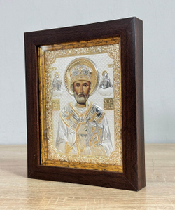 Николай Чудотворец, икона прямоугольная в рамке под стеклом, красное дерево 206х258