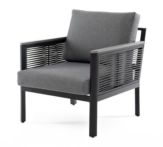 "Сан Ремо" кресло плетеное из роупа садовое, каркас алюминий темно-серый, роуп серый, ткань серая
