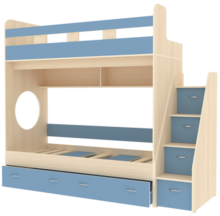Трехъярусная кровать КарИВи Юниор  Дуб Молочный Светло-синий, голубой