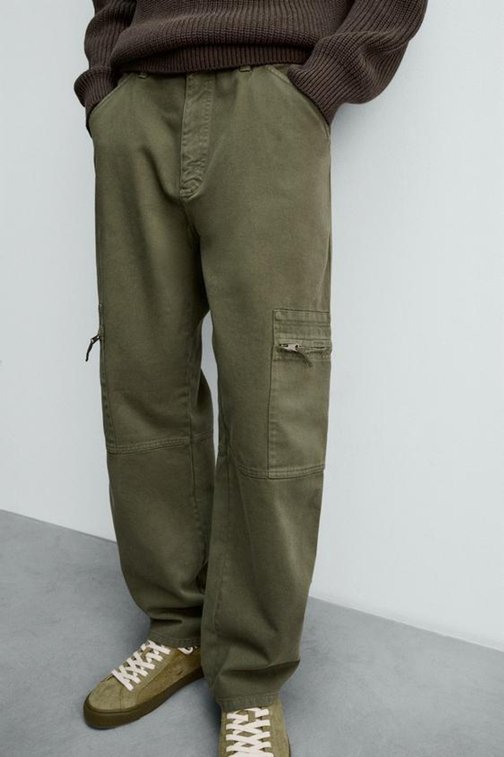 ZARA БРЮКИ КАРГО RELAXED FIT С ЭФФЕКТОМ ПОТЕРТОСТИ, ХАКИ