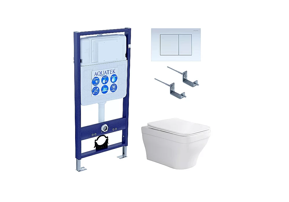 Унитаз с инсталляцией Aquatek Амадео SET AQUATEK АМАДЕО cm-009 4в1 с белой кнопкой, с крышкой микролифт, безободковый