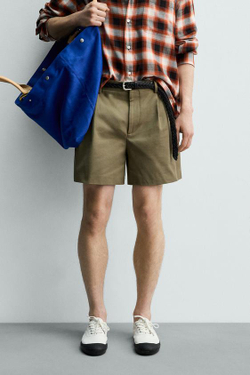 ZARA X AARON LEVINE КОРОТКИЕ ШОРТЫ С ЗАЩИПАМИ, ТЕМНЫЙ ХАКИ