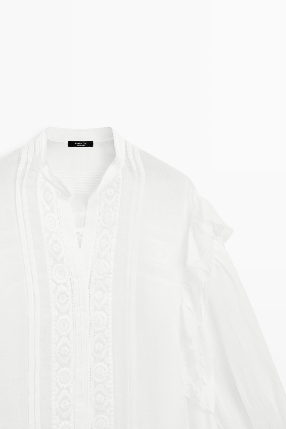 Massimo Dutti Блуза с воротником-стойкой, вышивкой и оборками, белый