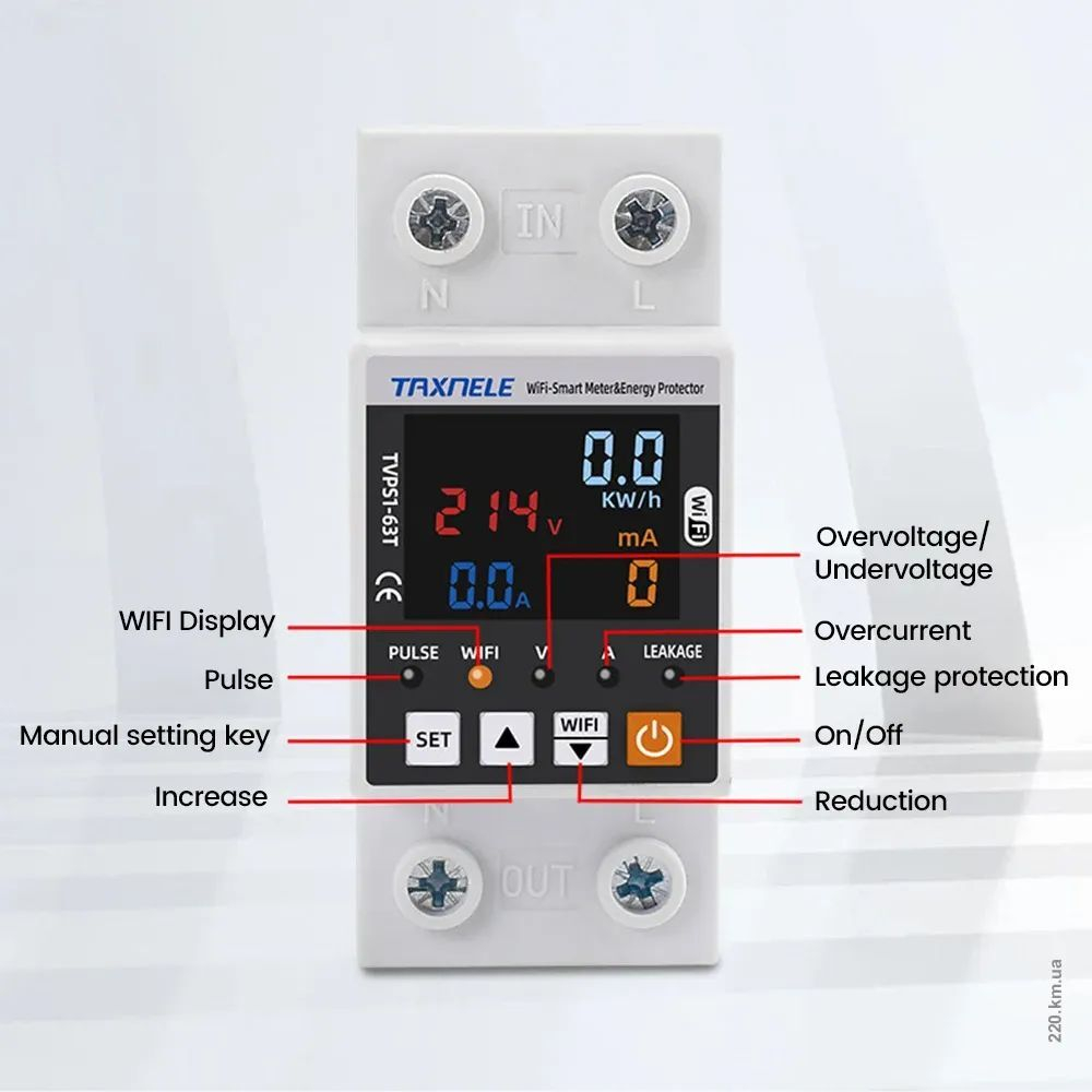 Умное WiFi реле (выключатель) c цветным дисплеем на DIN-рейку Taxnele TVPS1-63T (63А, Smart Life/Tuya, защита электросети, энергомониторинг, автоматический повторный ввод)