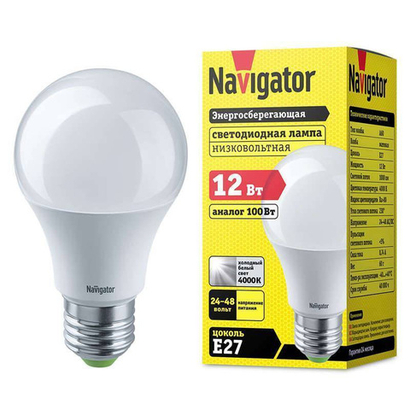Лампа LED низковольтная 12Вт 4000К 1000Лм 24/48В Е27 NLL-A60 Navigator 61478