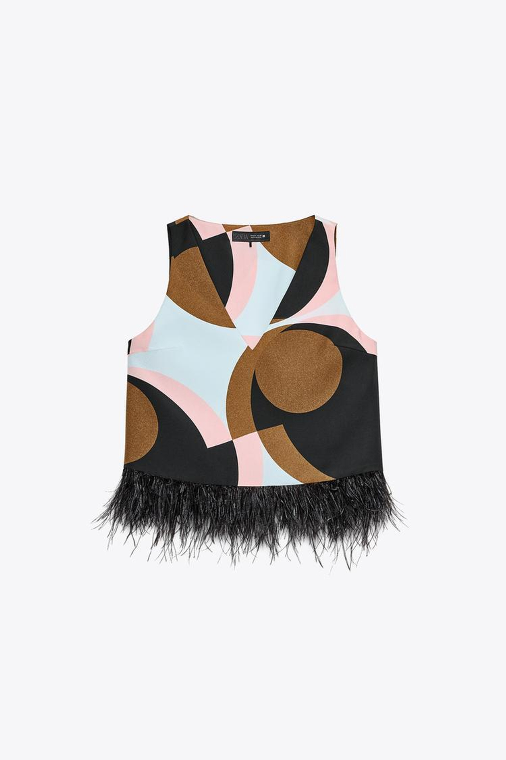 ZARA ТОП ИЗ ТКАНИ С ПРИНТОМ С ПЕРЬЯМИ, ЧЕРНЫЙ