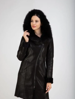 Дубленка женская натуральная длинная с капюшоном Турция