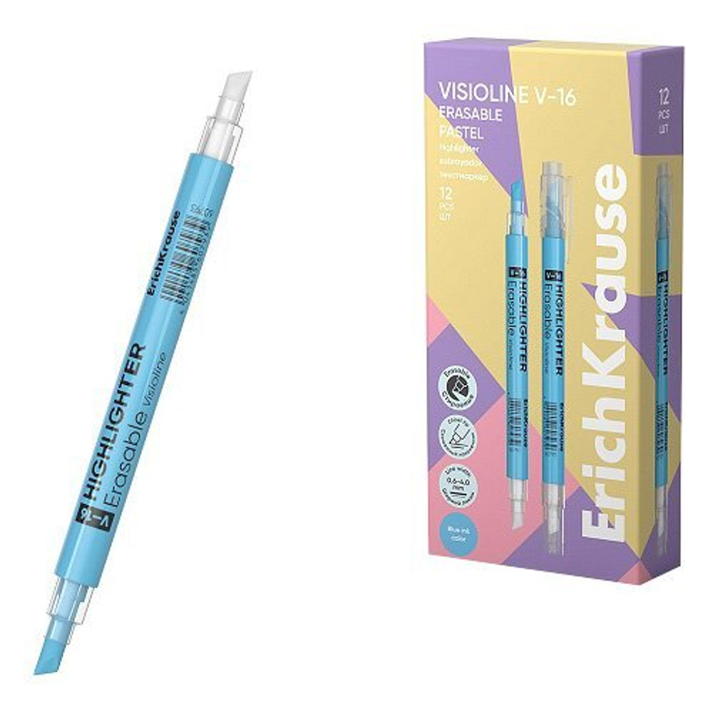Текстовыделитель ErichKrause Visioline V-16 Pastel двухсторонний стираемый, голубой, 0,6-4 мм