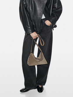 Massimo Dutti Сумка из натуральной кожи с декоративными заклепками, серо-коричневый