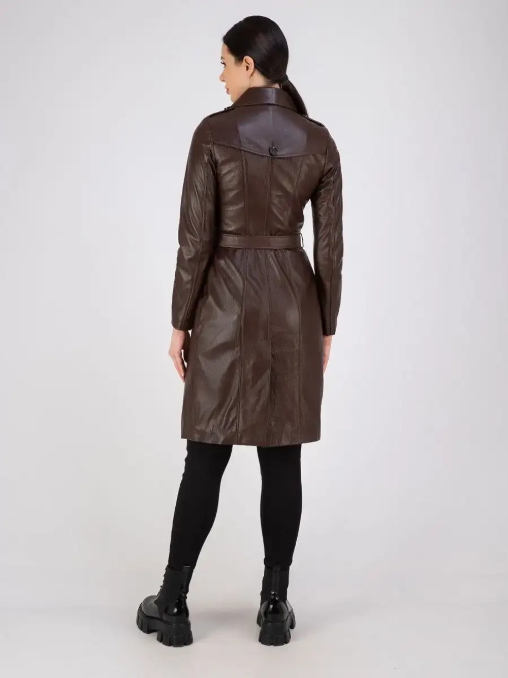 Тренч длинный кожаный с поясом плащ на весну