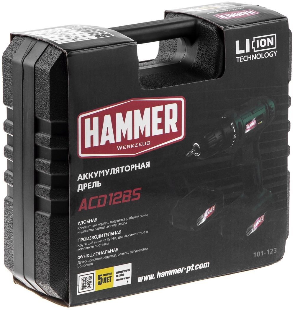 Аккум.дрель Hammer Flex ACD12BS  12В 2АКБx2Ач 10мм 0-350/0-1350об/мин 32Нм в кейсе быстр зарядка