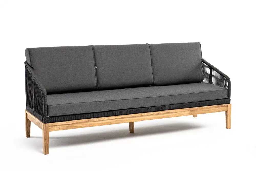 "Канны" диван 3-местный плетеный из роупа, основание дуб, роуп темно-серый круглый, ткань темно-серая 027