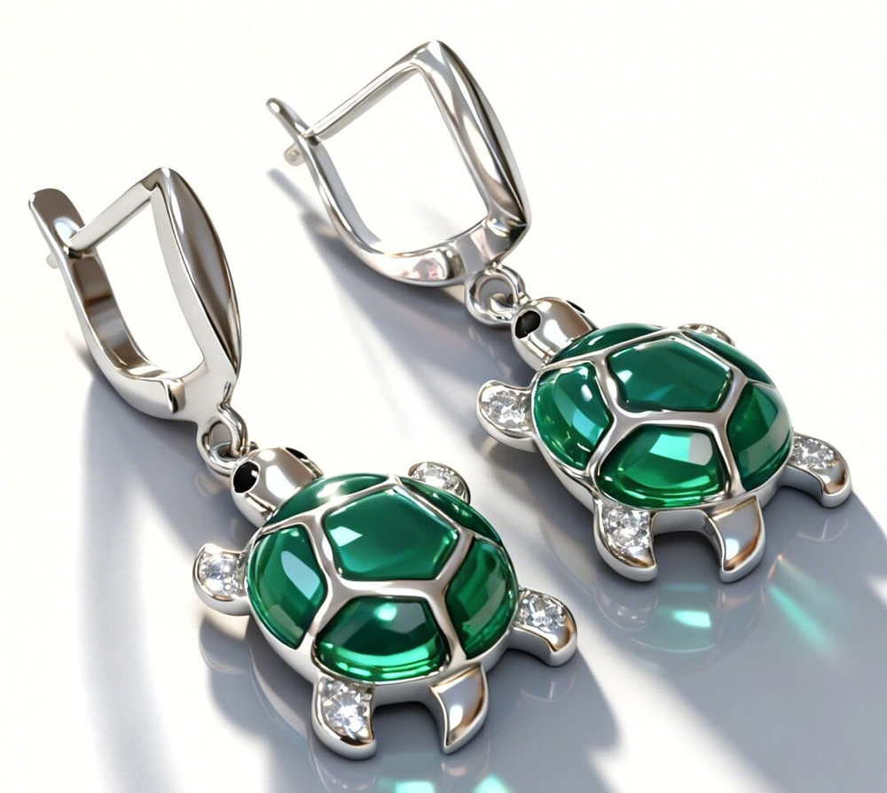 Ювелирные серьги из серебра 925 пробы с эмалью"Черепаха"