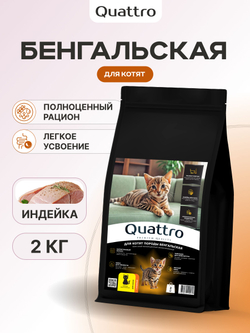 Корм сухой для котят породы Бенгальская, с индейкой, 2кг, QUATTRO