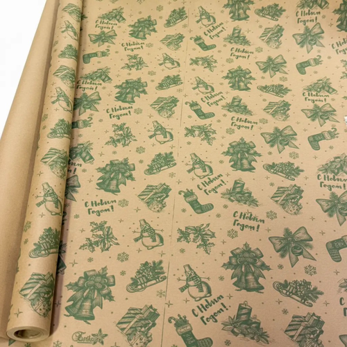 Бумага упаковочная 70 см х 10 м "Новогодняя" в рулоне (Крафт)