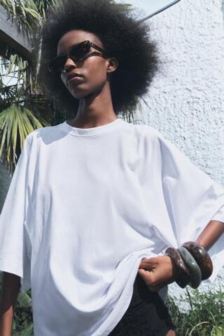 ZARA ХЛОПКОВАЯ ФУТБОЛКА С РУКАВАМИ КИМОНО, БЕЛЫЙ