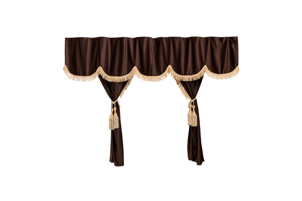 Шторы спального места с ламбрекеном и прихватами "Кисти" в кабину Volvo, Scania, MAN, DAF, Merc, Камаз, Sitrak, Shacman, Foton, FAW. Высота 1,5м, ширина одной стороны - 1,15м. Блэкаут, велюр. Коричневый цвет с бежевой бахромой и бежевыми кистями