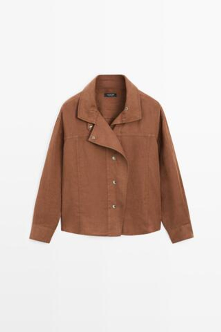 Massimo Dutti Льняная рубашка с кнопками, коричневый