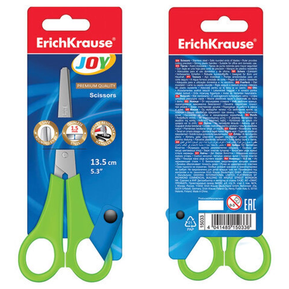 Ножницы ERICH KRAUSE "JOY" 135 мм, цвет ассорти, в картонной упаковке с европодвесом, 15033