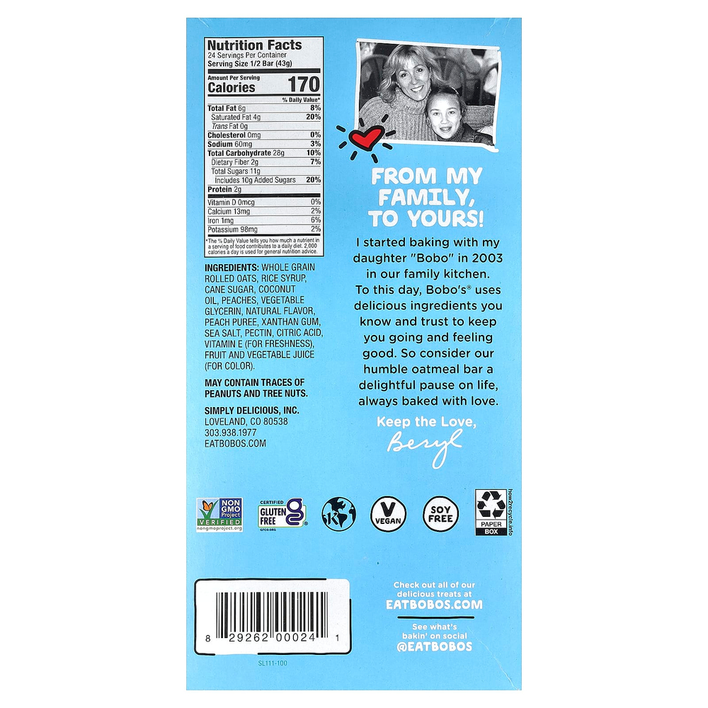 Bobo's Oat Bars, Овсяные батончики с персиком, 12 батончиков, 85 г (3 унции)