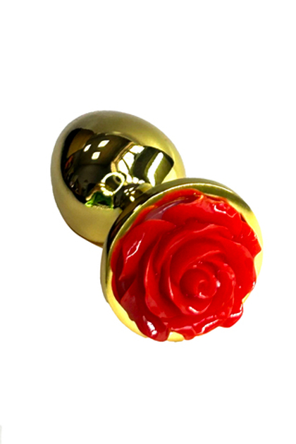 Kanikule - Золотая анальная пробка с ограничителем в форме красной розы (Small)