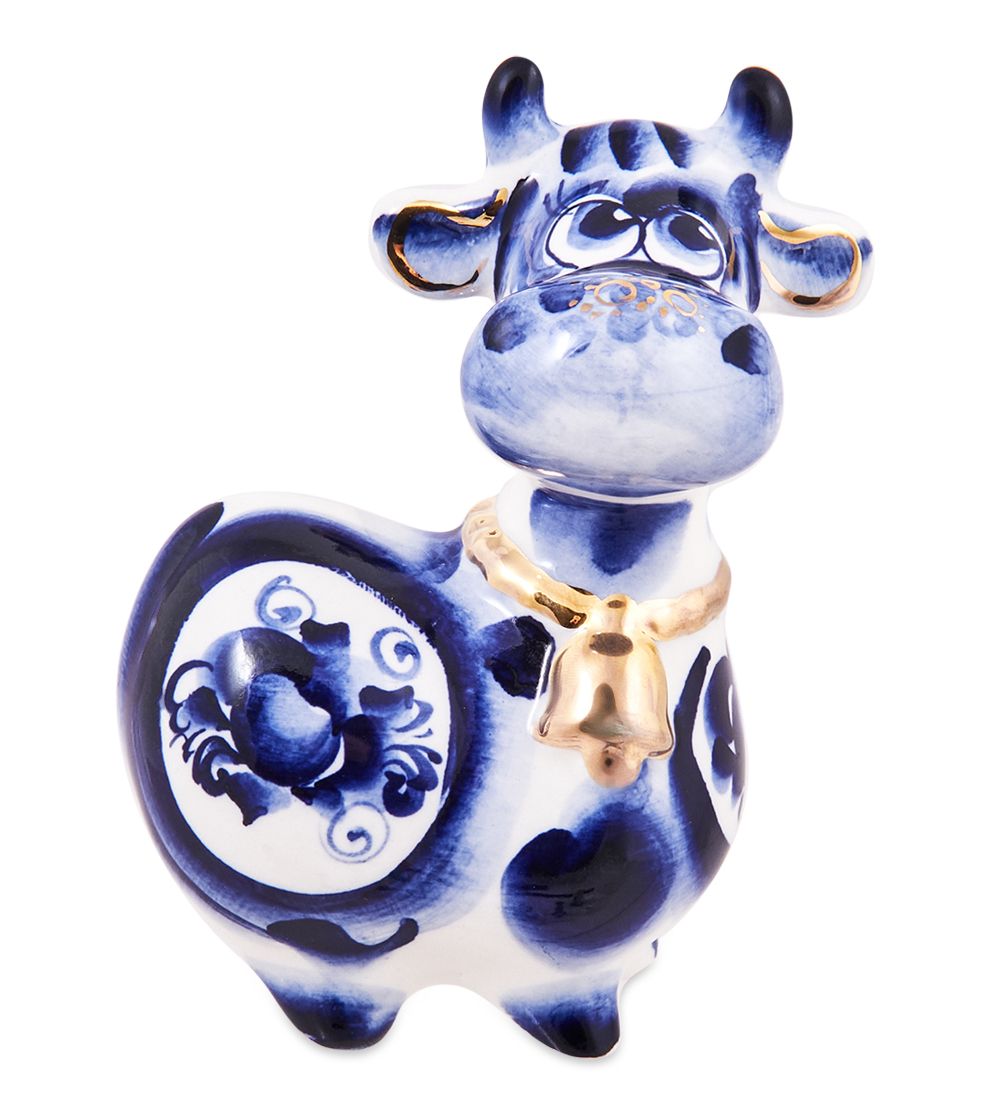 ГЛ- 653 Фигурка «Корова с колокольчиком» золото (Гжельский фарфор)