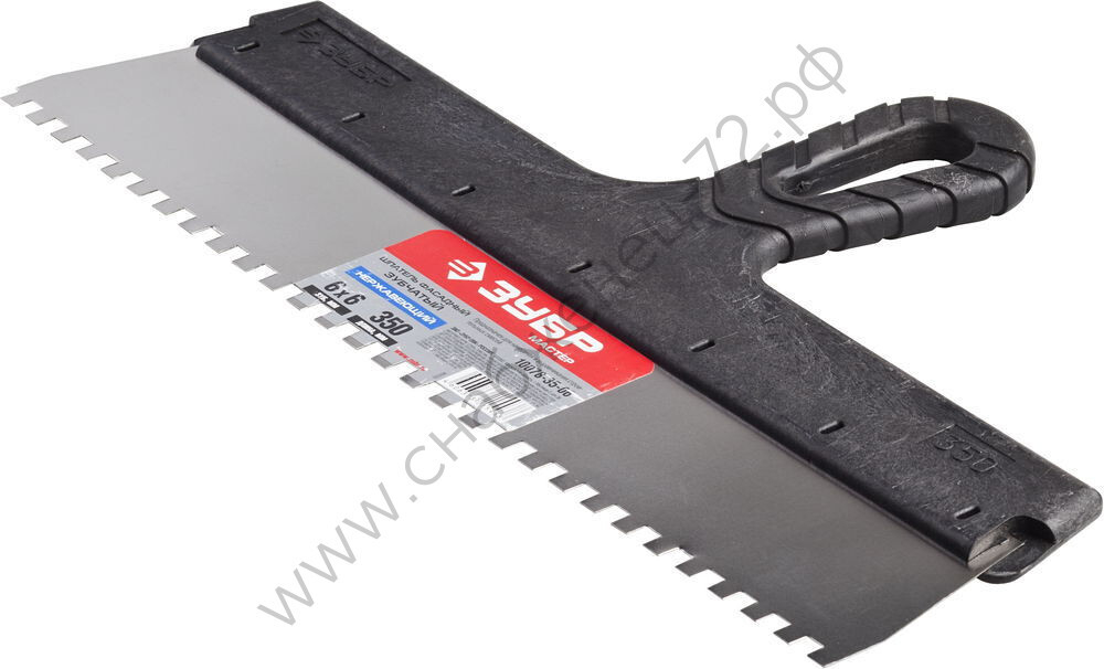 ЗУБР 350 мм, зуб 6х6 мм, зубчатый пластиковая ручка, нержавеющий, Фасадный шпатель, МАСТЕР (10078-35-06)