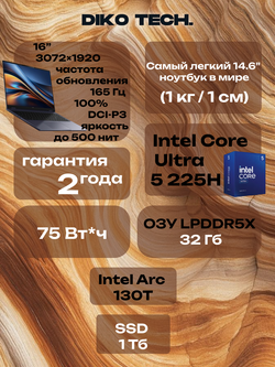 Ноутбук Honor MagicBook Pro 16 2025 / Ultra 5 225H / 32G / 1T / BLUE