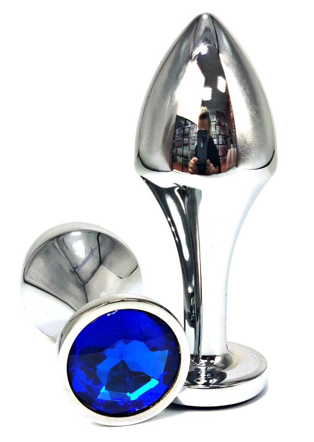 Серебристая анальная пробка на удлиненной ножке с синим кристаллом - 9 см. (Цвет: синий)