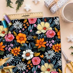 Ткань премиум шифон полевое разноцветие на черном