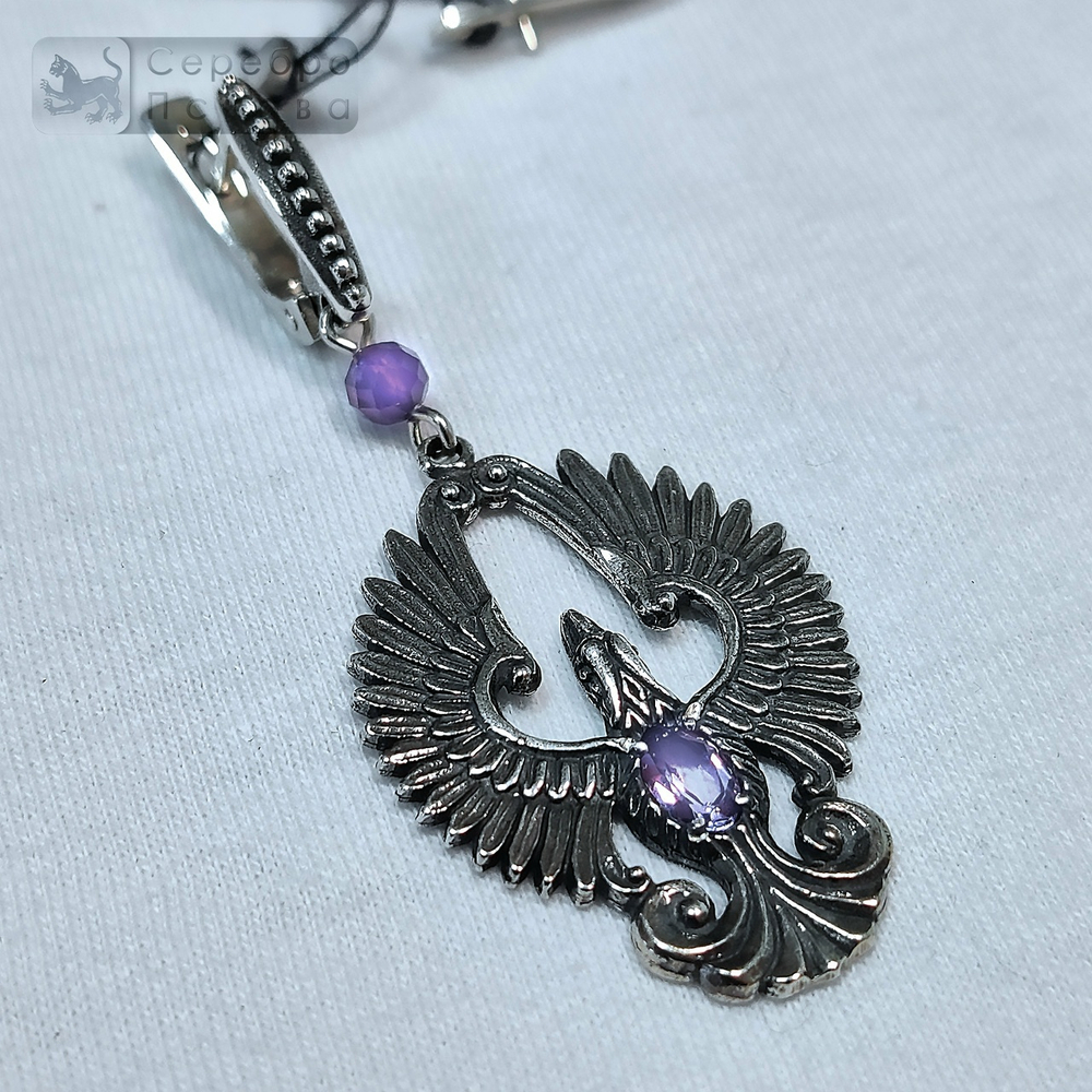 Серьги "Феникс" с гранатом/аметистом