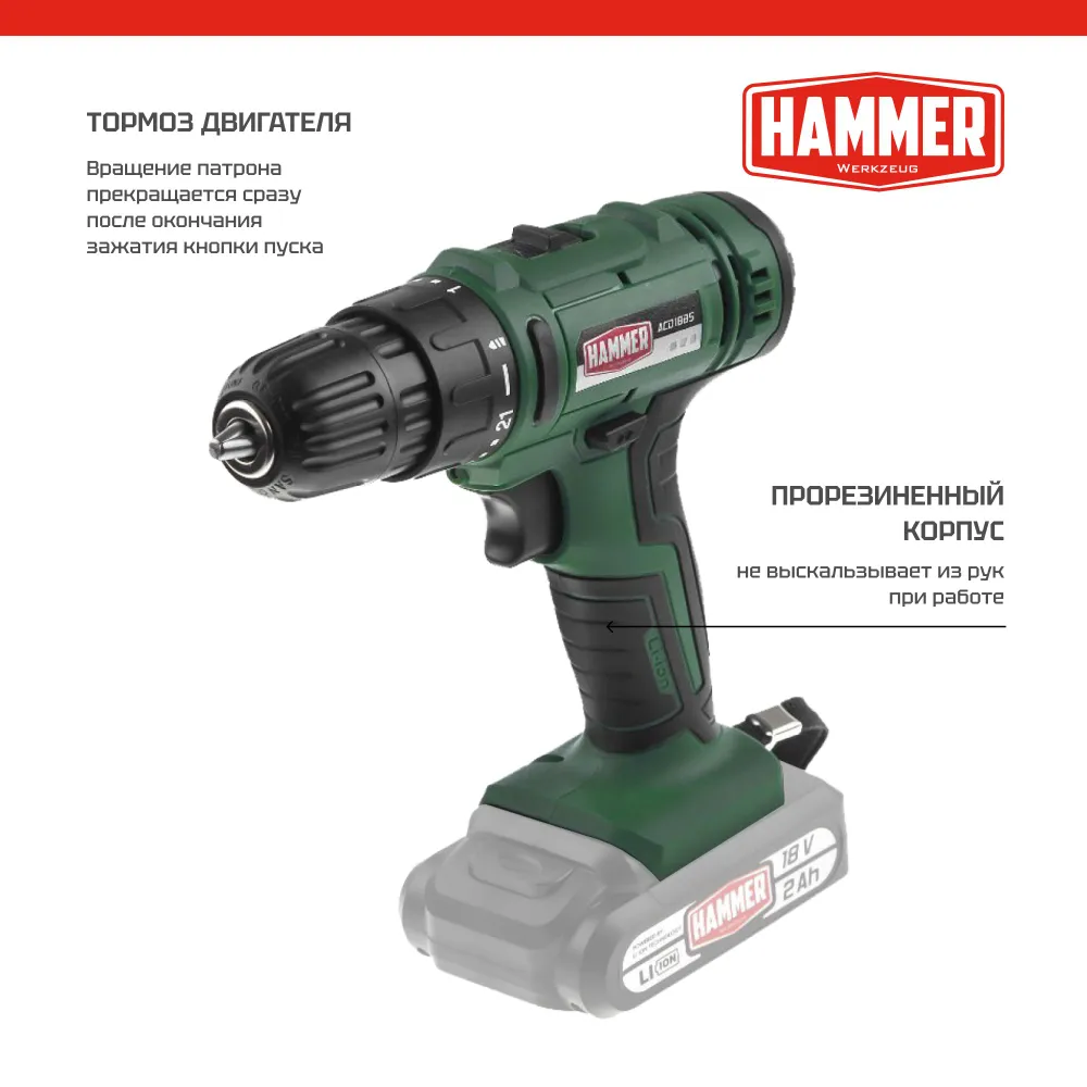 Шуруповерт аккумуляторный HAMMER ACD18BS, 2 акк. Li-ion(АКБ требует обслуживания или замены)), 18В, 45 Нм, В КЕЙСЕ