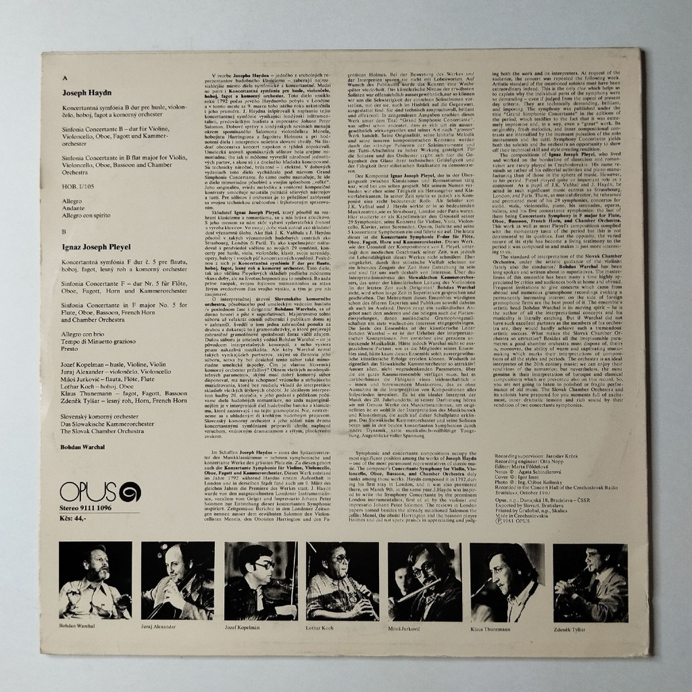 Винтажная виниловая пластинка LP J. Haydn Й. Гайдн , Ignaz Pleyel Slovak Chamber Orchestra, Bohdan Warchal Haydn, Pleyel (Чехословакия 1982)
