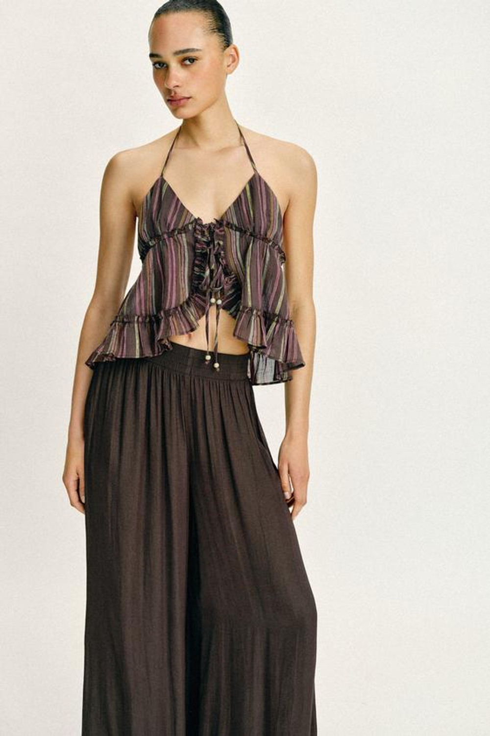 ZARA ШИРОКИЕ БРЮКИ С ВЫСОКОЙ ПОСАДКОЙ, КОРИЧНЕВЫЙ