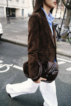 ZARA ДВУБОРТНЫЙ БЛЕЙЗЕР ИЗ 100% ЗАМШИ, КОРИЧНЕВЫЙ