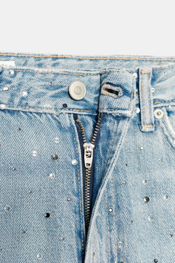 ZARA ДЖИНСЫ TRF BAGGY СО СТРАЗАМИ И ДРАГОЦЕННЫМИ КАМНЯМИ, ТЕМНО-СИНИЙ