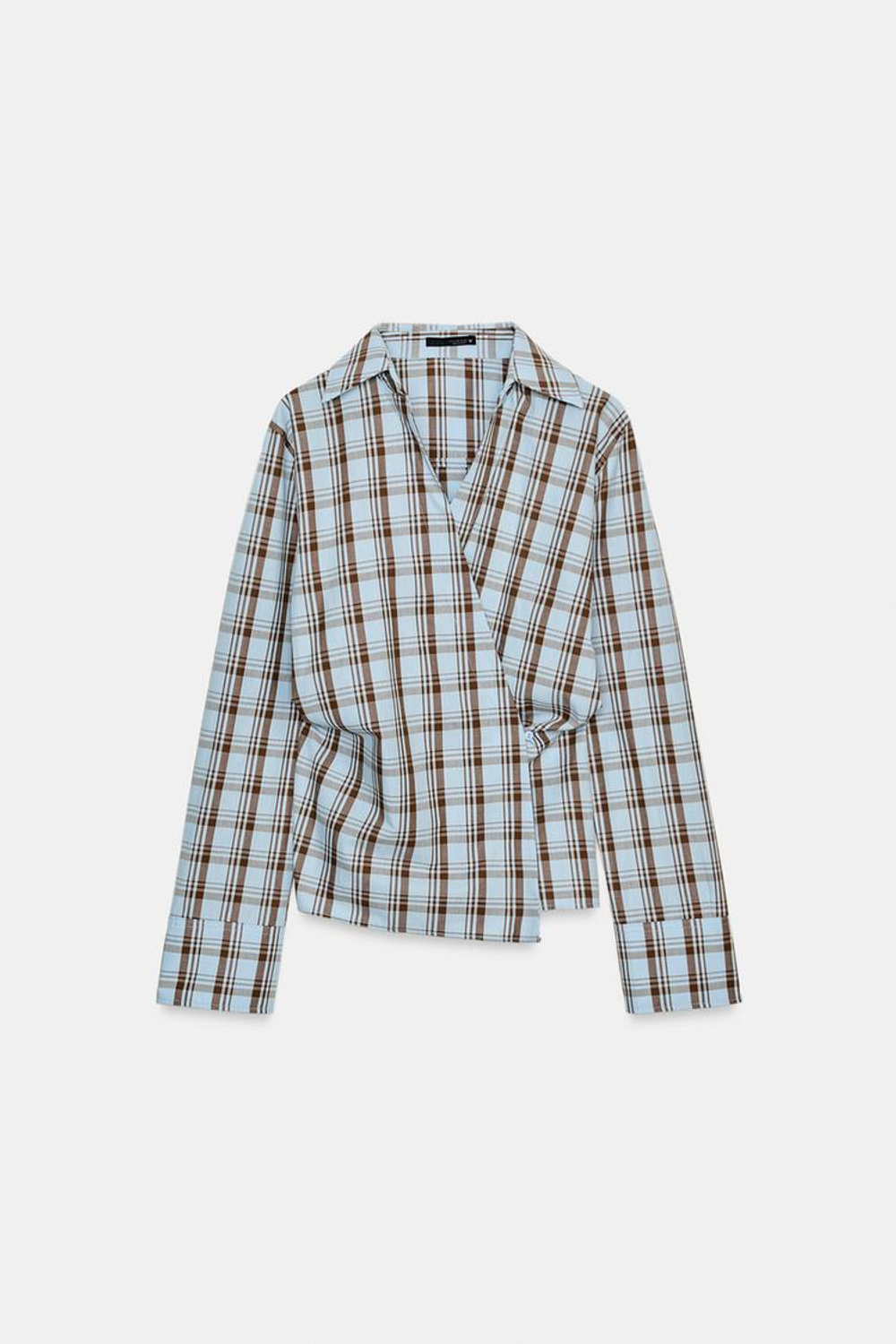 ZARA РУБАШКА ИЗ ПОПЛИНА В КЛЕТКУ С ЗАПАХОМ, КОРИЧНЕВО-СИНИЙ