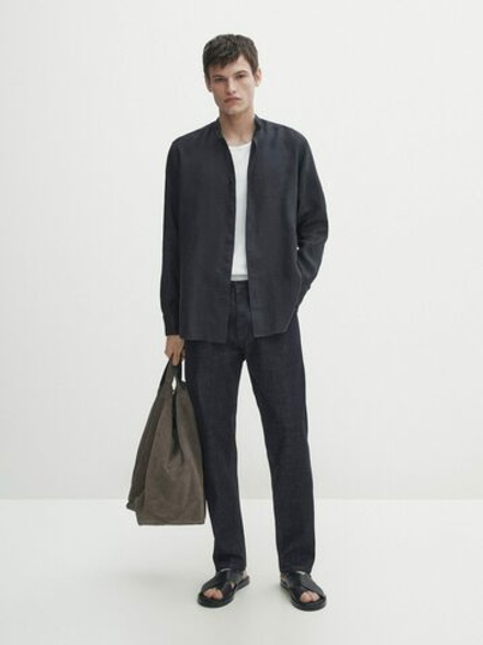 Massimo Dutti Льняная рубашка классического кроя с воротником-стойкой,  темно-синий
