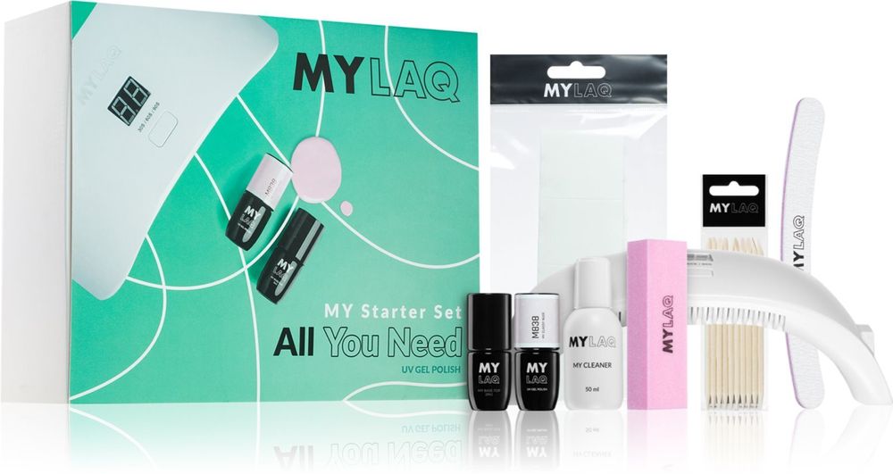 MYLAQ My Classy Nude gel nail polish 5 мл + base and top coat for gel nails 5 мл + Nail cleaner 50 мл + 100/180 Nail file 1 шт. + buffer block for nails 1 шт. + wooden cuticle stick 10 шт. + cellulose cotton pads + LED gel nail lamp Starter Set All You Need