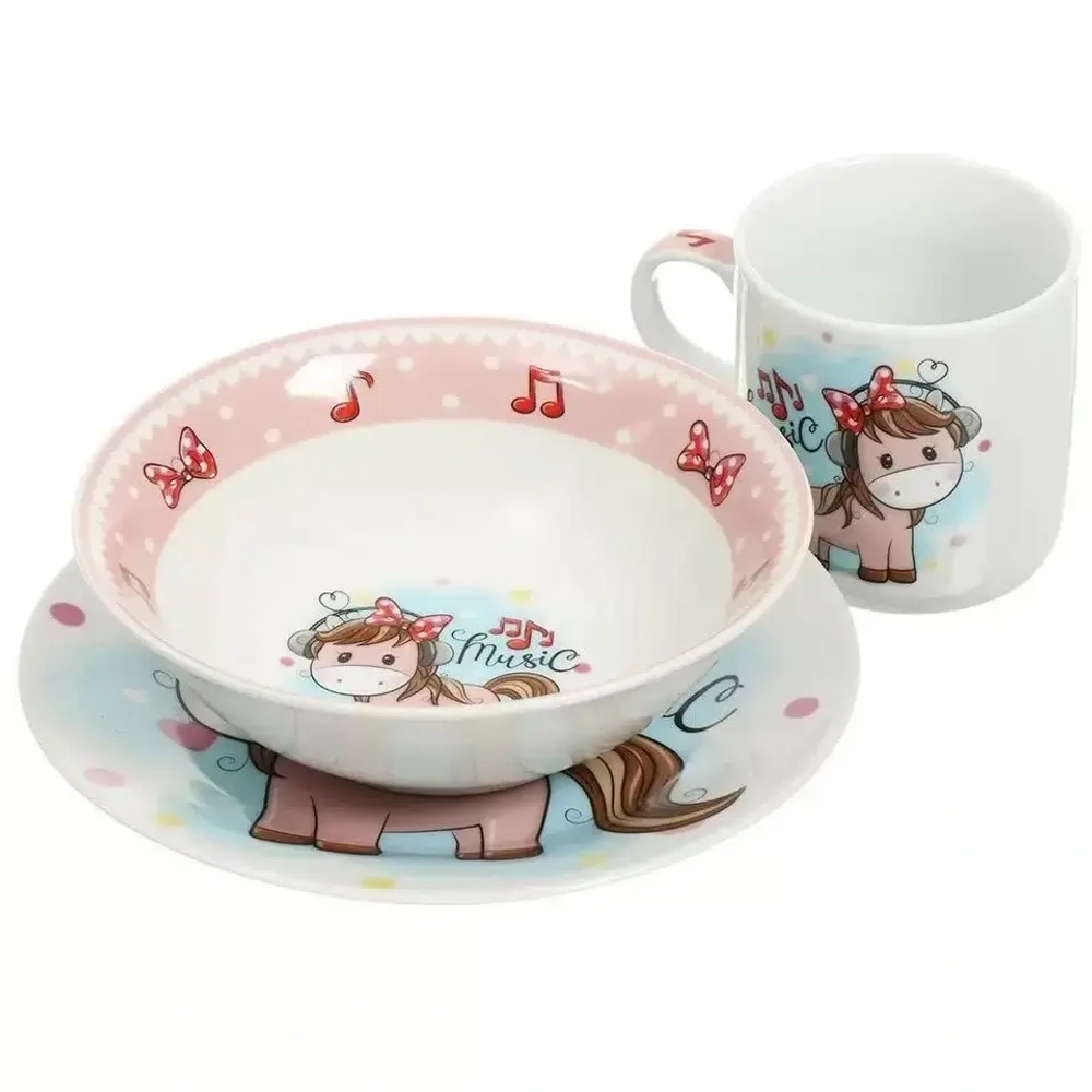 Набор посуды из керамики 3 предмета «Пони» (тарелка 17.5см, салатник 15см, кружка 230мл), Daniks, C589