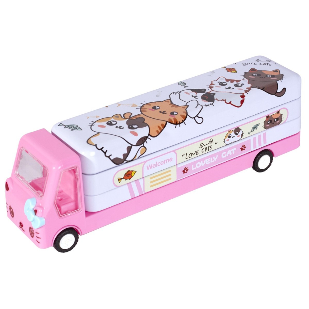 Пенал металлический машина 2 отделения Alingar, таблица умножения, 50 х 190 мм, "Love cat", бело/розовый (котятки)